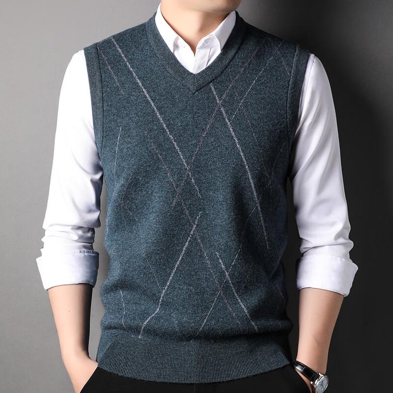 Hengyuanxiang Men's V-Neck Striped Wool Vest