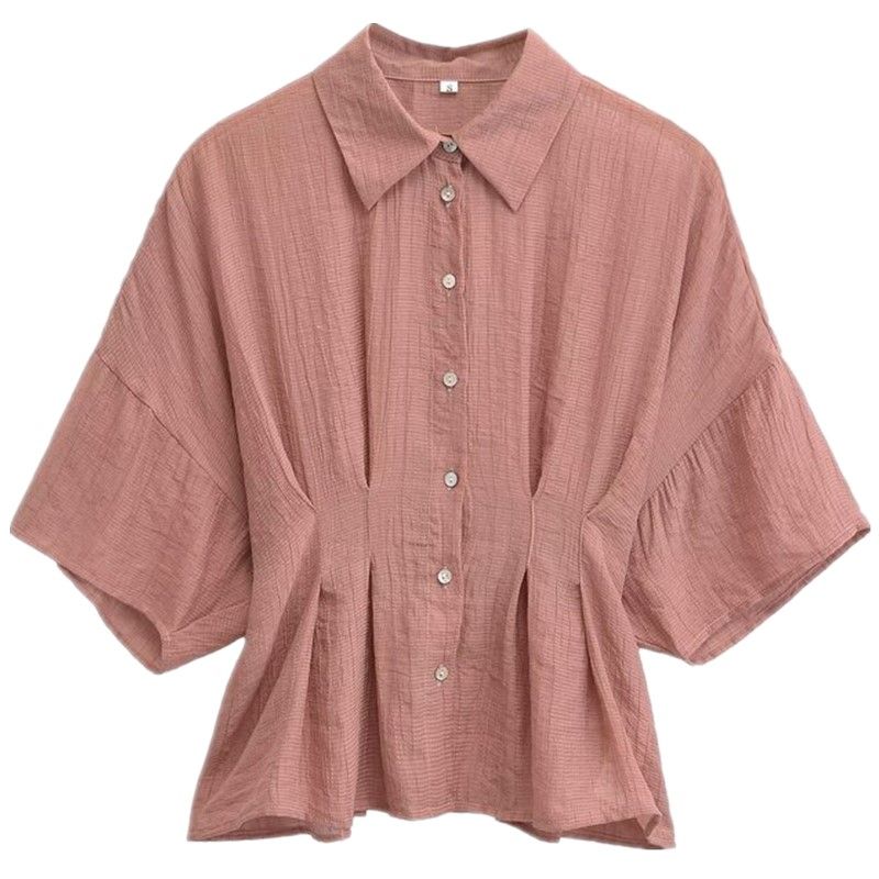 

Модный стиль 2024 Осень Новая женская плиссированная талия со спущенным плечом Повседневная рубашка с коротким рукавом и лацканами 3666185 Figure Color L