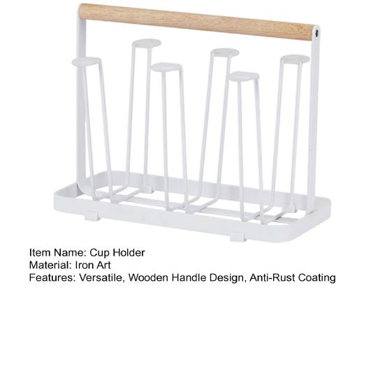 Yousheng 6-Hook Iron Cup Holder Rustproof Metal Drying Rack with Wooden Handle Space-Saving Kitchen Organizer for Mugs Glasses Bottles