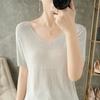 Women's Light Gray V-Neck Knit Top Half Sleeve Slim Fit Casual T-Shirt