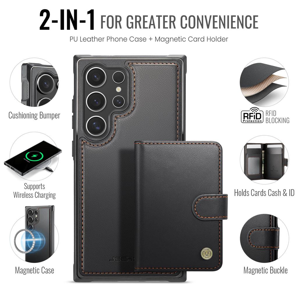 Cowhide Leather Phone Case for Samsung Galaxy S26 Ultra S25 Edge S24 Plus S23 FE S22 S21 S20 Note20 Detachable Magnetic Card Bag