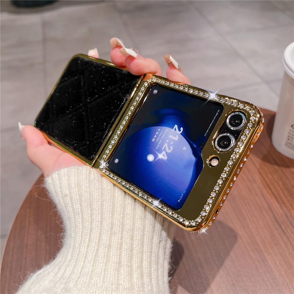 Luxury Bling Diamond Leather Plating Case For Samsung Galaxy Z Flip 6 Flip 5 Flip 3 4 Shockproof Cover Funda