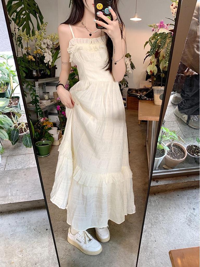 Summer 2025 Women's Ruffle Strap Sundress - Sweet French Waist-Slimming Long Dress