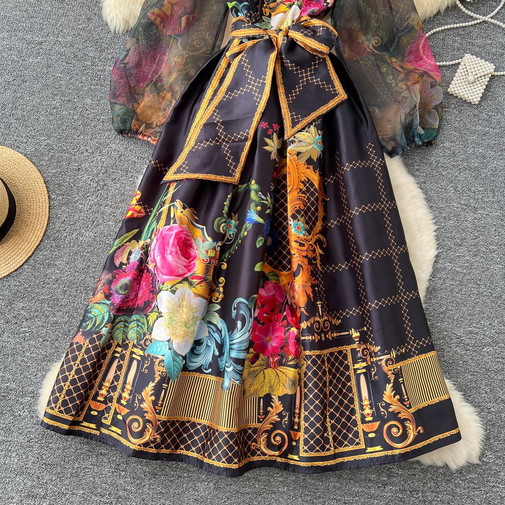 Spring France Elegant Vintage Palace Evening Dress Women Print Sashes Mesh Long Party Dress Female Casual Holiday Clothing New