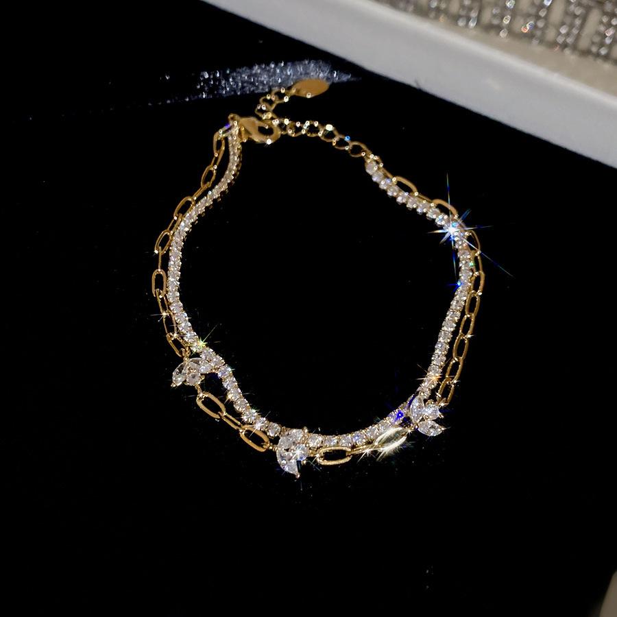 18K Gold Plated Zircon Flower Double Layer Bracelet - Vintage, Luxurious, and Versatile Women's Jewelry