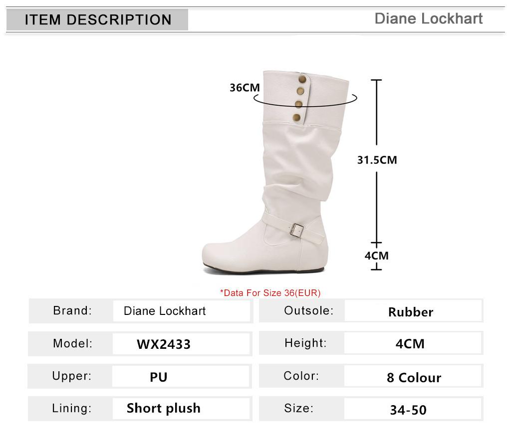 Fashion Women's White PU Leather Knee High Boots Pleated Tall Design Internal Height Buckle Long Footwear for Autumn Winter Size 34-50