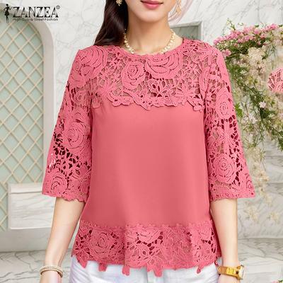 Women Summer Lace Crochet Patchwork 3/4 Sleeve Casual Blouse