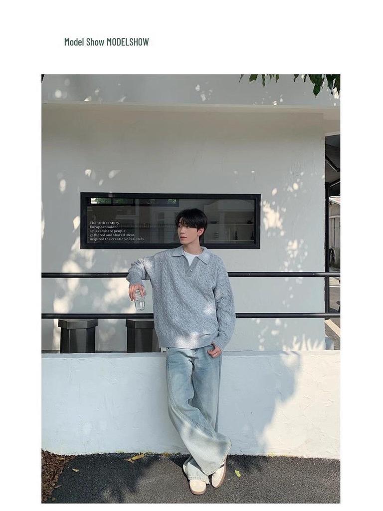 Men's Korean Style Two-Piece Lapel Pullover Knit Sweater - Winter Loose Fit, Casual Outerwear