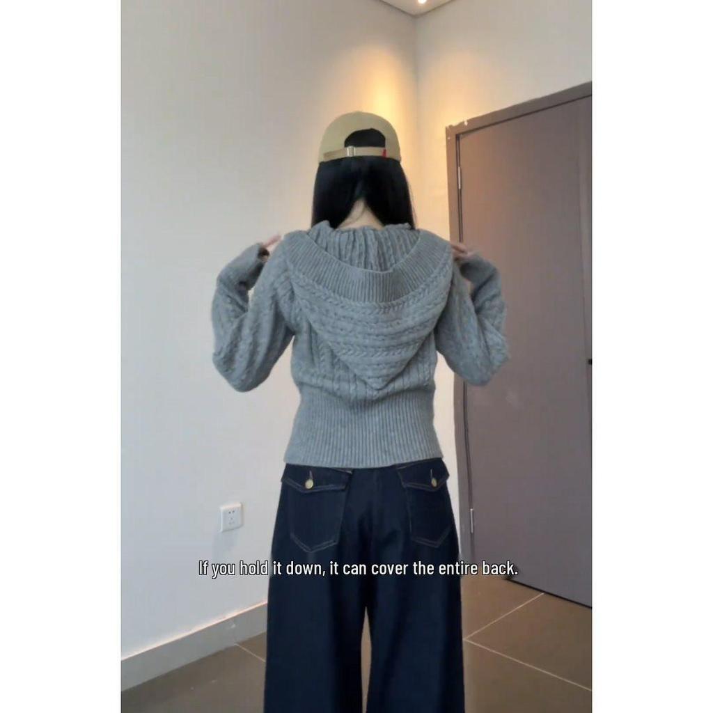 Women's Gray Cable Knit Zip-Up Hoodie Cardigan - Petite Short Sweater Coat for Spring/Autumn