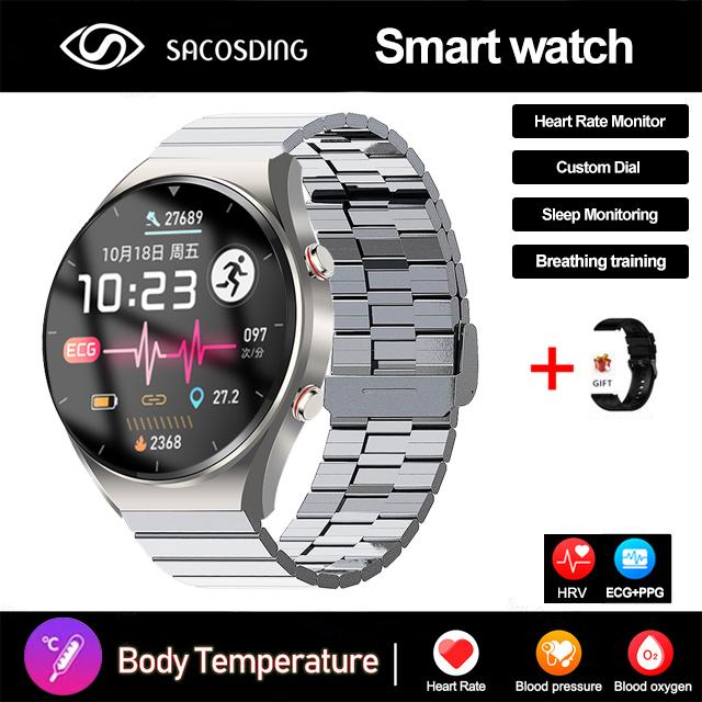 SACOSDING New Smart Watch Men Women Blood Oxygen Blood Pressure Full Touch Screen Sport Watch ECG+PPG Health Monitoring Smartwatch+Box