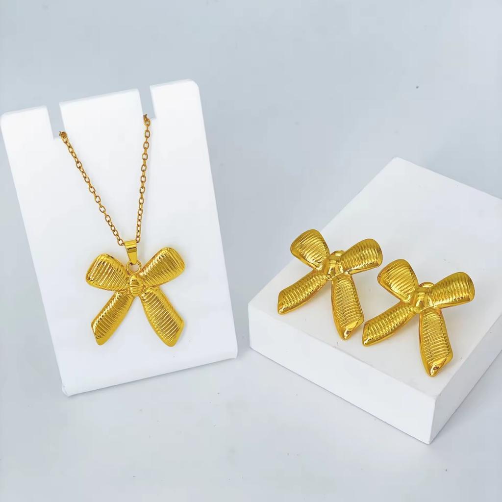 Vacation Stainless Steel Ocean Element Shell Heart Bow Flower Earrings Necklace Women's Beach Jewelry Set