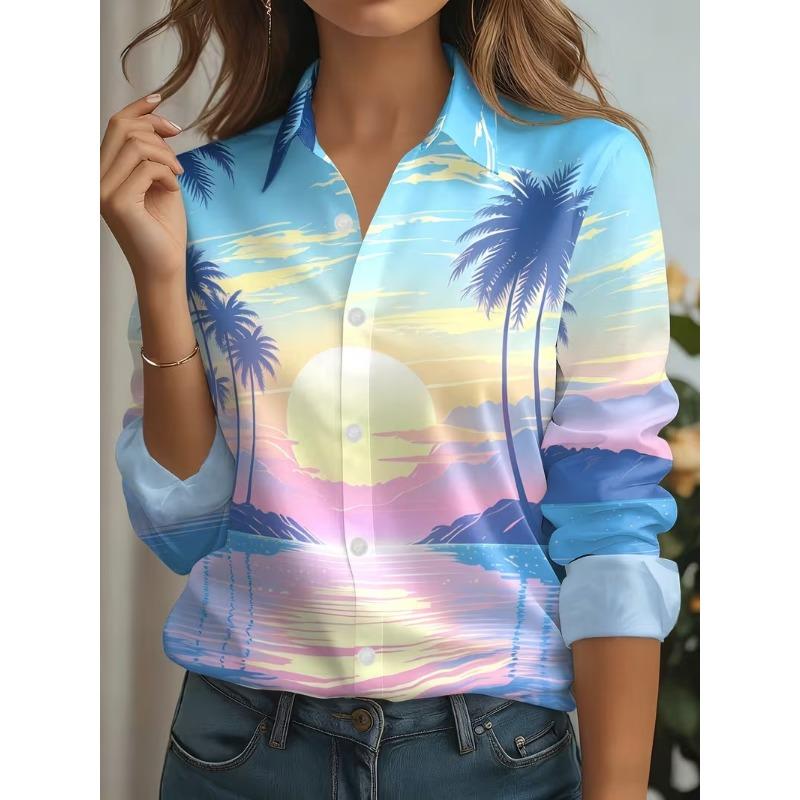 Women's Shirts Gradient Print Blouse Lapel Neck Blouse Women Long Sleeve Bohemian Vacation Shirts Womens Clothes Female Clothing
