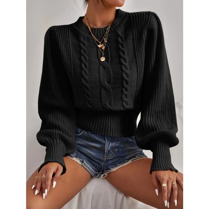 

Осенне-зимний женский пуловер, вязаный свитер, модный круглый вырез, фонарь, длинный рукав, повседневный свитер, элегантный однотонный женский свитер 1154 чёрный