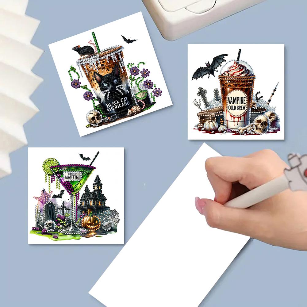 6PCS DIY Halloween Drink Diamond Art Greeting Cards for Halloween and Holidays