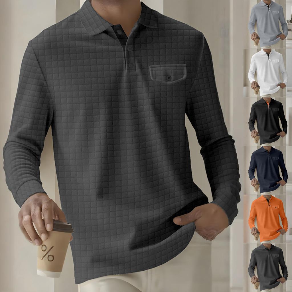 Men's Solid Color Plaid Button Lapel Pocket Long Sleeve Top Men's Casual Fashion Long Sleeve Top