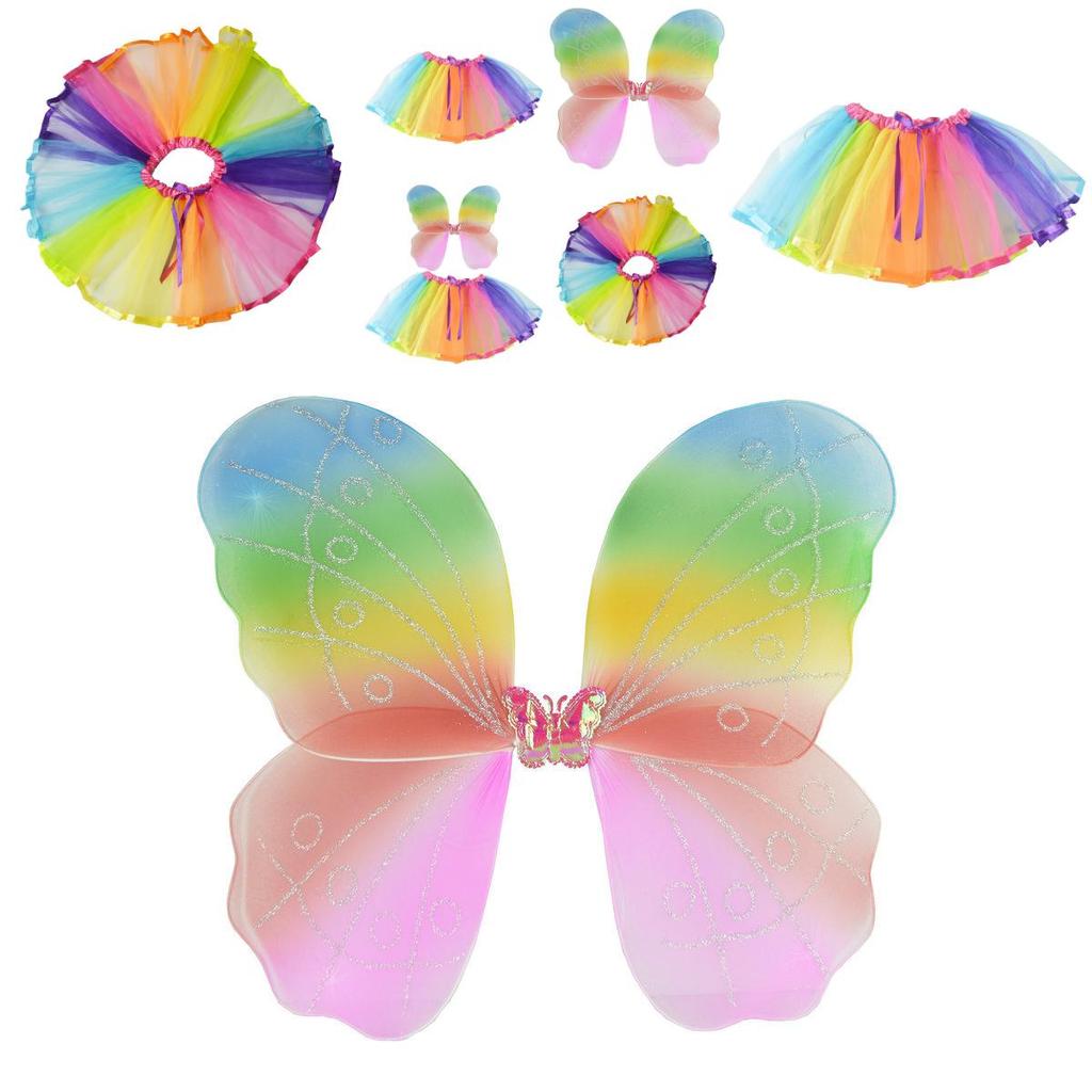 Halloween Dancewear With Rainbow Net Skirt And Single Layer Wings For Kids Party