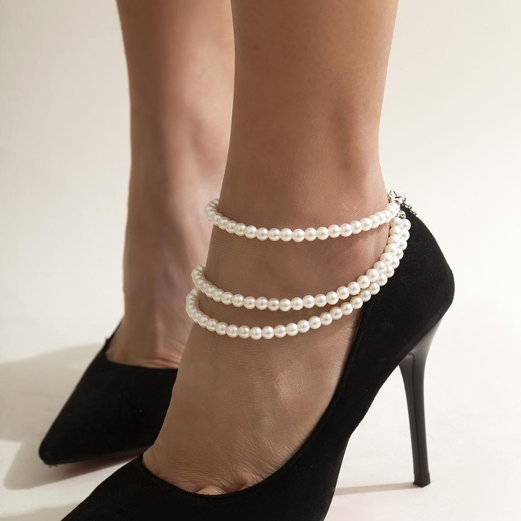 Holiday style woven pearl multi-layer fashion handmade anklet versatile geometric sequins fringed ethnic style anklet