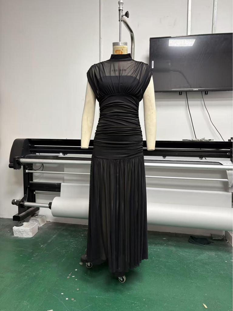 2026 European & American Women's Sexy Mesh Solid Color Hip-Hugging Summer Long Formal Dress