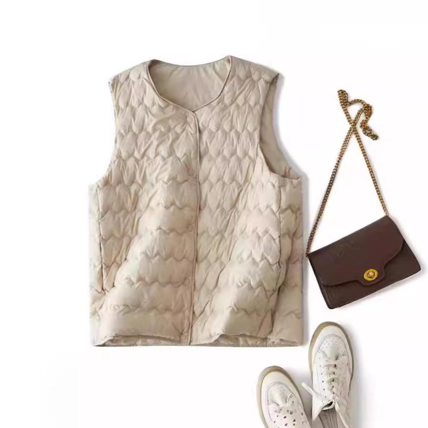 Gilet leggero in piuma d'anatra bianco con scollo rotondo e a V, senza maniche, gilet interno in piuma
