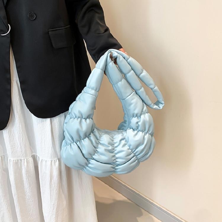 Women Solid Color PU Leather Shoulder Crossbody Bag Pleated Padded Handbag Purse