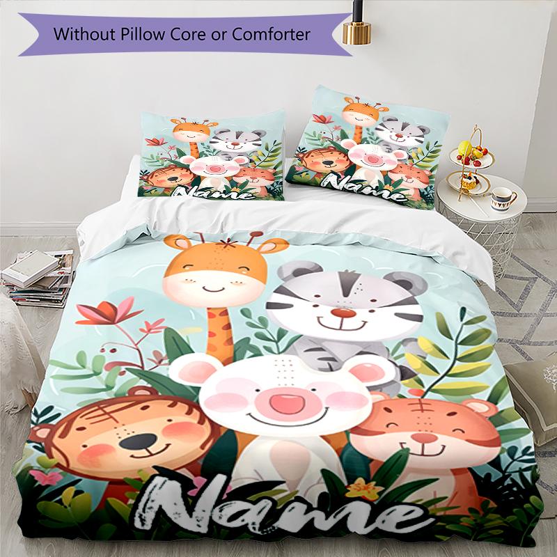 3pcs Custom Name Animals Bedding Set Duvet Cover Closure Includes 1 Duvet Cover & 2 Pillowcases, Soft and Comfortable for All Seasons.