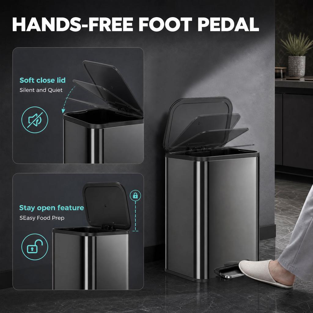 50L Kitchen Bin, Metal Pedal Rubbish Bin with Soft Close and Stay-Open Lid, Removable Inner Bucket, High Gloss Black