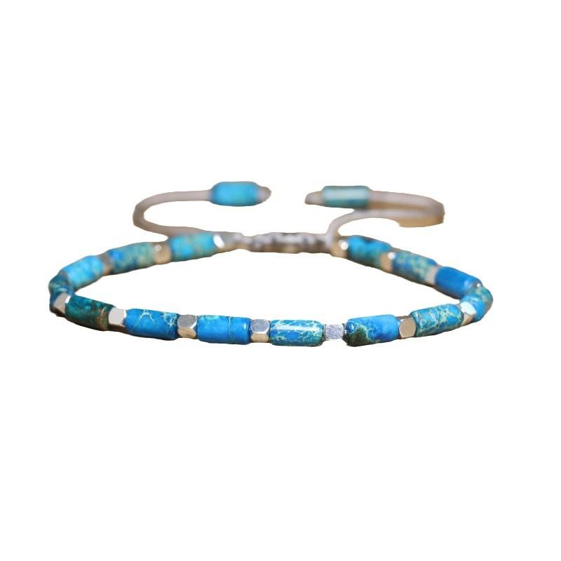 Türkis Röhrenperlen Armband – Silber Akzent Verstellbar Zierlicher Schmuck, Schutz Glück Geschenk für Männer & Frauen