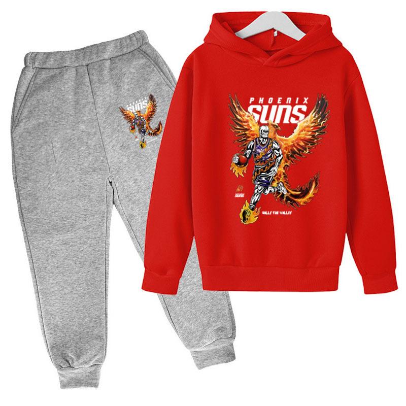 Autumn Winter Phoenix Suns "Rally the Valley" Flame Printed Hoodies Sweatpants Set Fashionable Casual Warm Sports Long Sleeved Pants Men's Sport Wear