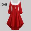 Christmas Performance Dress Fluffy Square Neck Pure Color A-line Irregular Hem Button Decor Festive Stage Show Santa Cosplay Costume New Year Party
