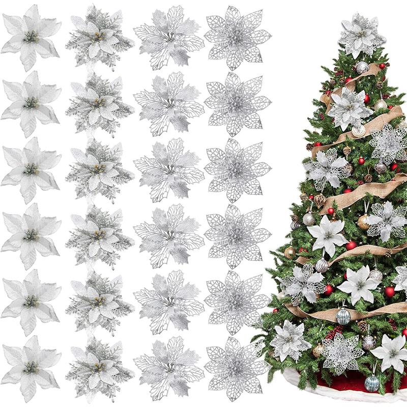 8/16/24Pcs Christmas Decoration Glitter Artifical Flowers Christmas Tree Decorations for Home Decor New Year Decoration Navidad