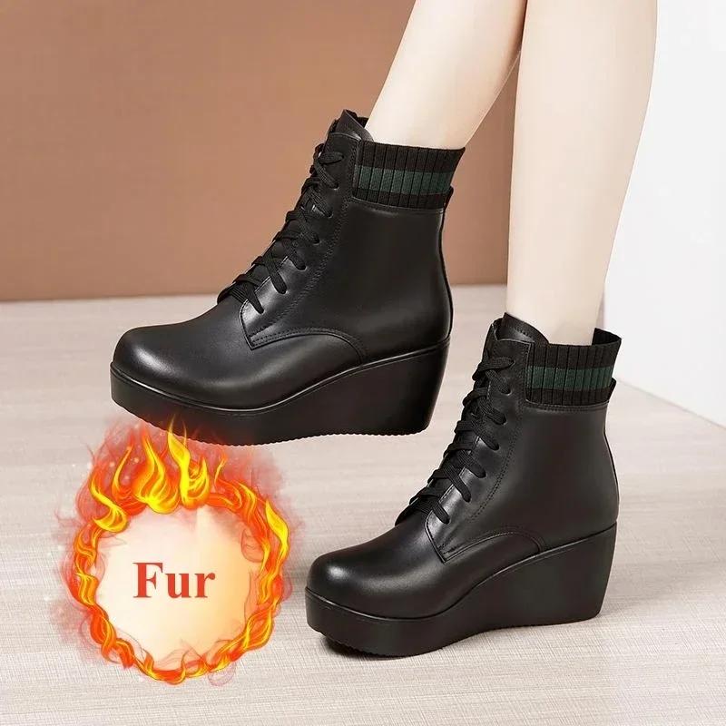 

6 см Маленький размер 32-43 Толстая подошва Мягкая кожа Туфли на платформе и танкетке Ботильоны 2025 Зима Гибкие Средний каблук Ботинки Офис Мама 42