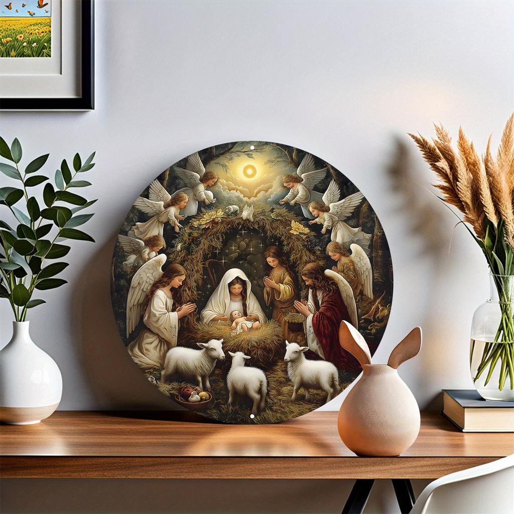Round Wood Nativity Scene Wall Art Sign, Perfect for Living Room, Bedroom, Cafe Decor, Festive Holiday Decoration, for Door, Wall, Home Farmhouse