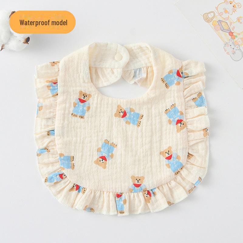 Ruffle Baby Bib: Seven-Layer Waterproof Cotton Gauze with Lace Trim.