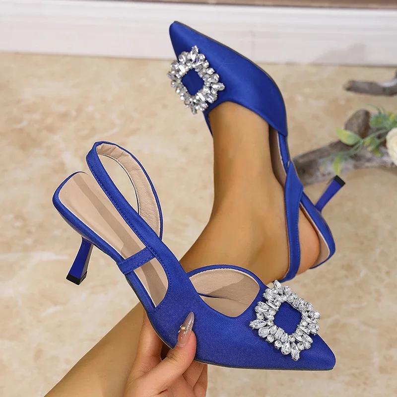 Fashion Crystal Square Buckle High Heels Sandals Women Spring Summer Slip On Pointed Toe Pumps Woman Thin Heel Party Wedding Shoes Mujer