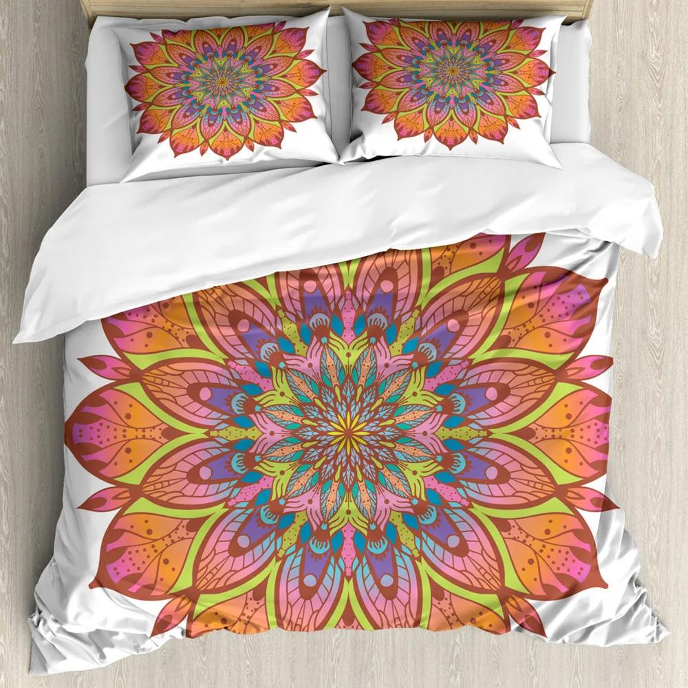 Set cuvertură de pilota cu mandala, stil boho, etnic, colorat, primăvară, tematică, multicolor, din poliester, set de lenjerie de pat dublă Queen King Size