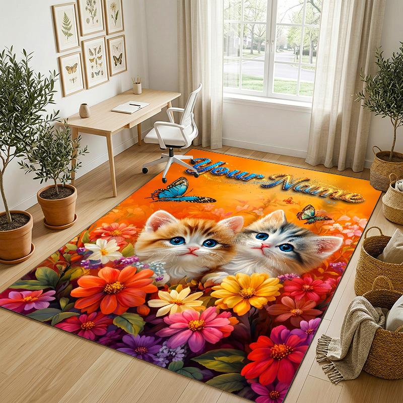 Cat Theme Crystal Velvet Rug Personalized Custom Name Text Soft Floor Mat Home Decor