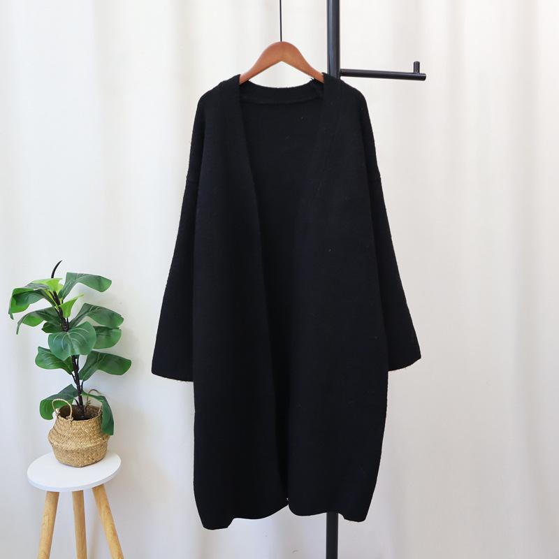 

Длинный вязаный кардиган выше колена осень и зима новый свободный ленивый стиль однотонный темпераментный свитер куртка женская One Size чёрный