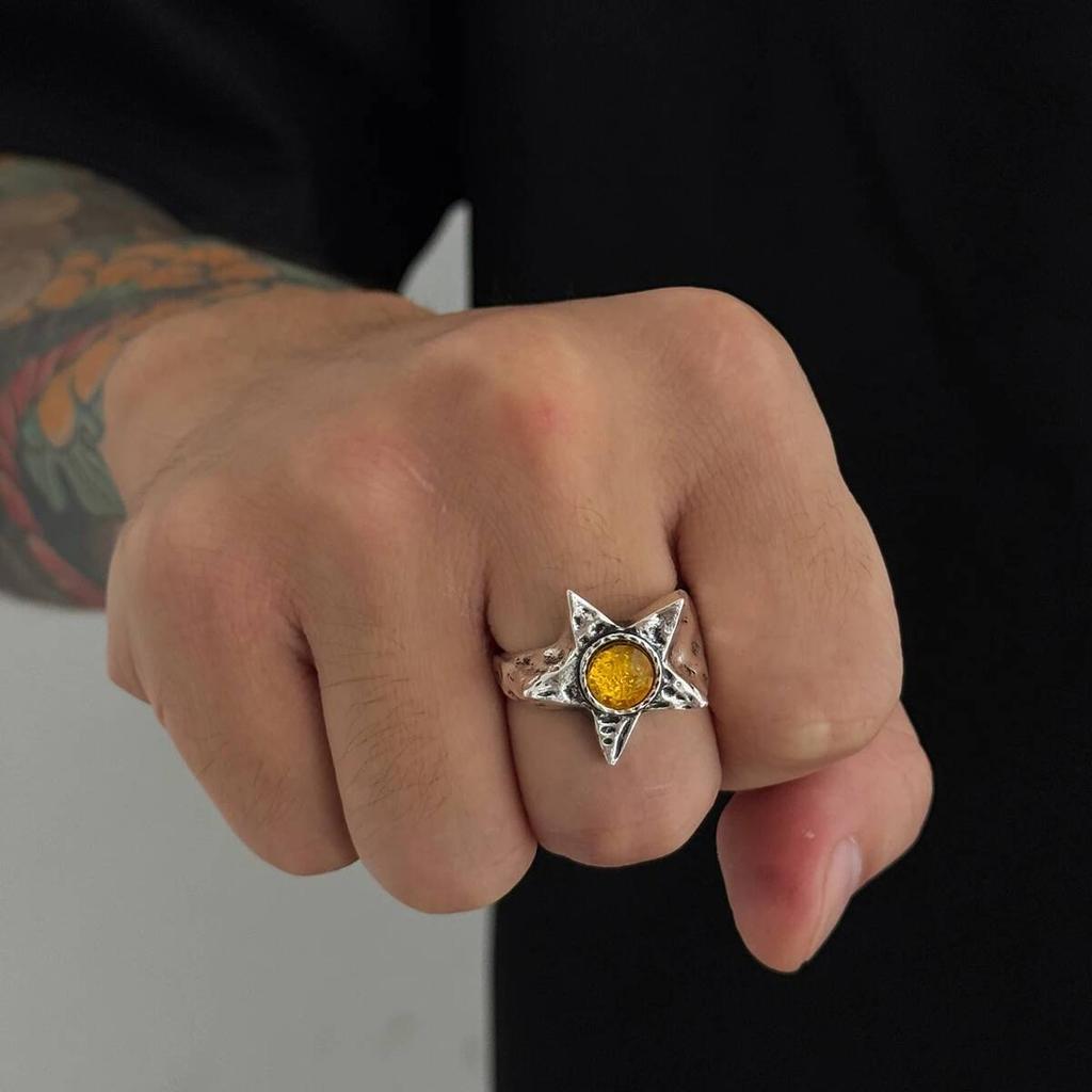 Salircon  5 Styles Exquisite Multicolor Acrylic Rhinestone Pentagram Ring Men Punk Adjustable Finger Rings Couple Jewelry