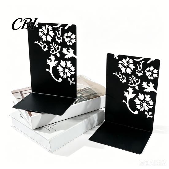 Cave Design Bookend 2PCS Metal Bookends, L-Shaped Reinforced Support Book Holder, with Non-Slip Non-slip Pads, Hollow Floral for Bookshelves