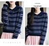 2025 Fall Women's Pure Wool Casual Stripe Polo Collar Long Sleeve Sweater
