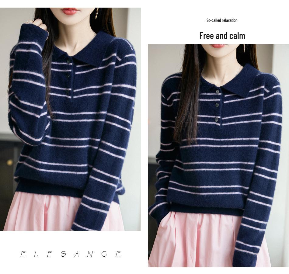 2025 Fall Women's Pure Wool Casual Stripe Polo Collar Long Sleeve Sweater