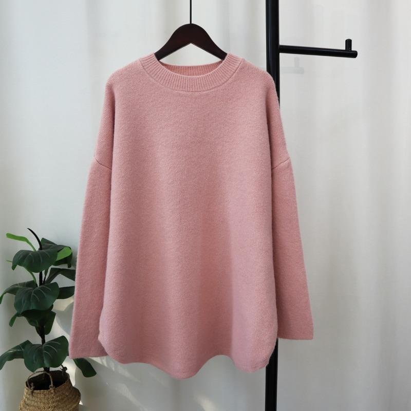 Thickened solid color medium and long knitted sweater top women's autumn and winter new loose soft waxy lazy wind sweater pullover