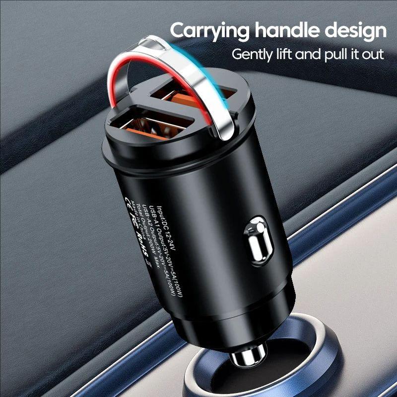 200W Metal Alloy Mini Car Charger Car USB Charger Super Fast Charging Dual Ports USB-A USB-C Hidden Phone Car Charger Adapter