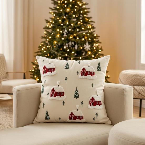 Holiday Gift for Home Decor Christmas Cottage Cushion Cover, Red Snowy House Pillowcase, Decorative Nordic Style Pattern Throw Pillow Case Sofa
