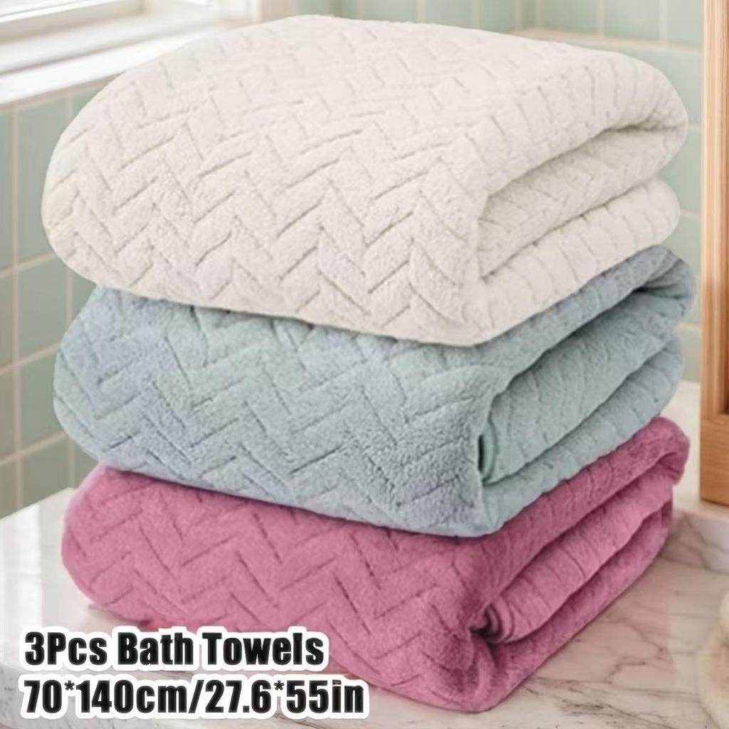 Temu Coral Fleece Bath Towel Set - Wheat Ear Style, Large Towels