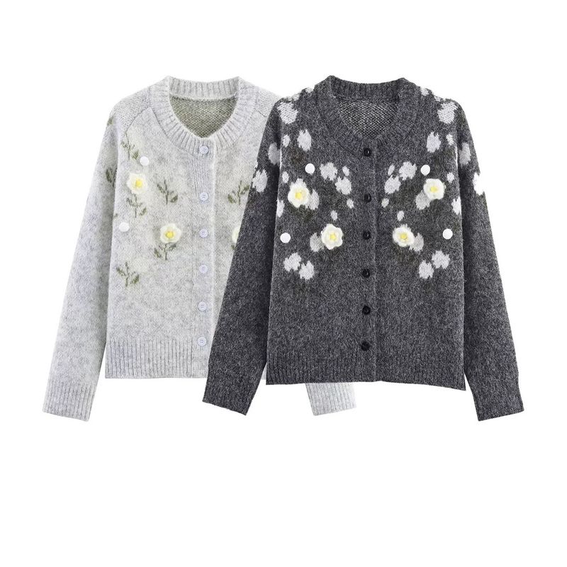 Zbzr Autumn New Women Clothes Western Style Fashion Temperament Simple and Versatile Three-Dimensional Flowers Knit Cardigan Top