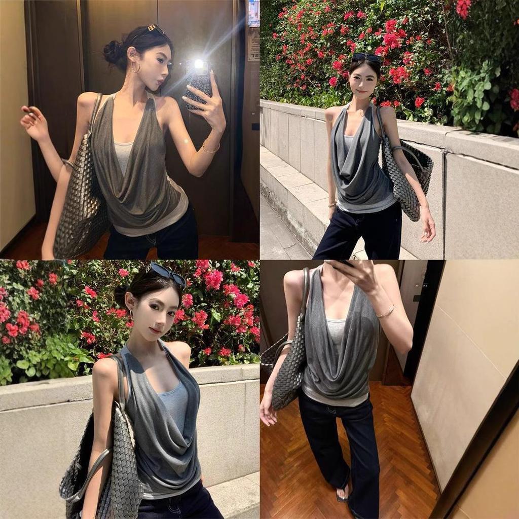 2025 Color Block Patchwork Cowl Neck Halter Camisole for Women