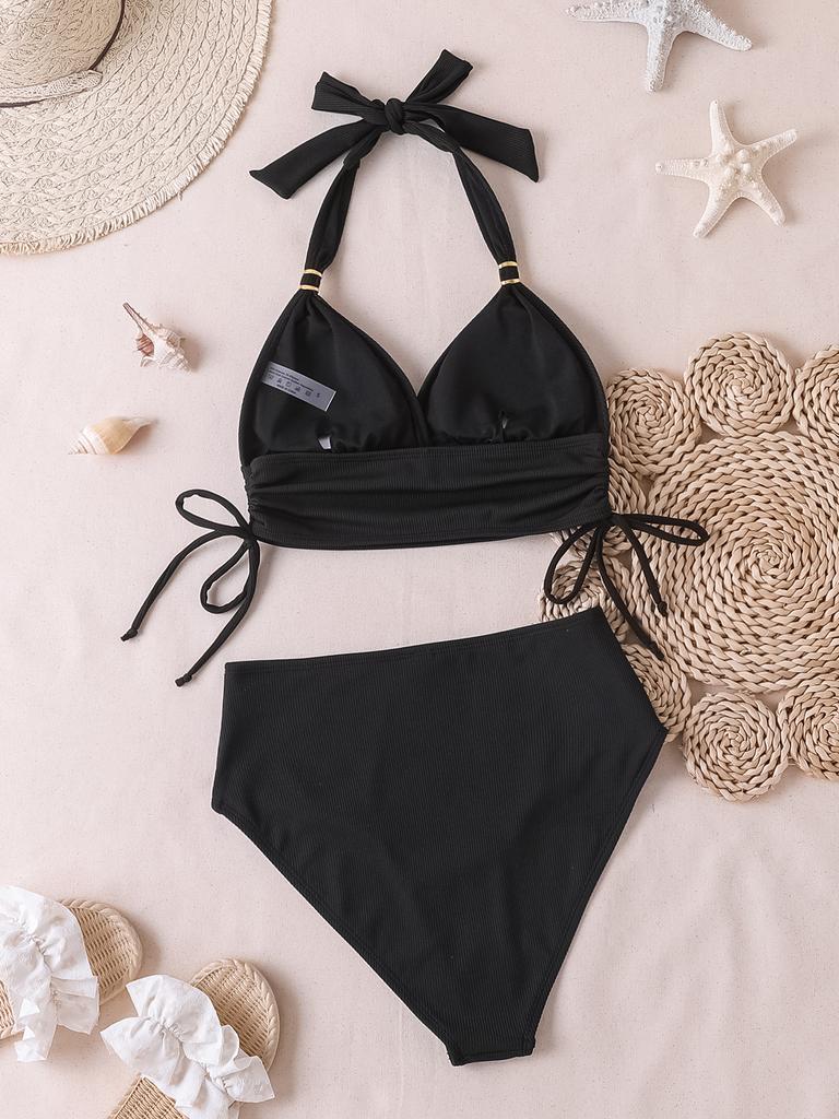 Solid Ribbed Tie Side Sexy Bikini Set Comfortable Elegant Two Piece Swimwear