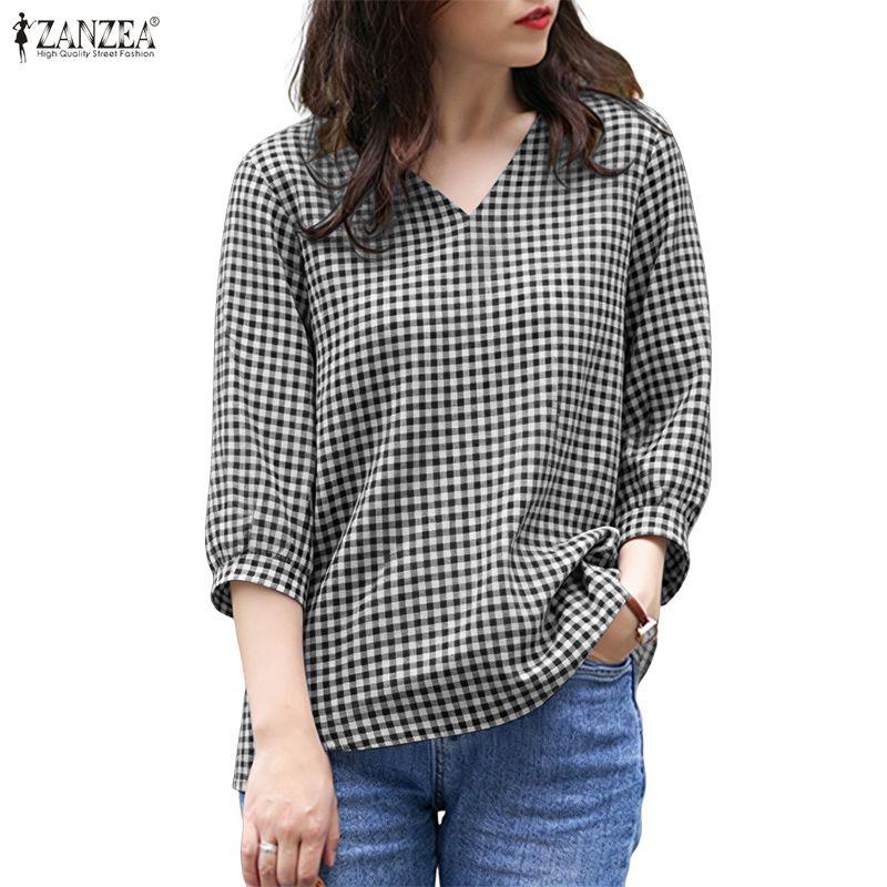 ZANZEA Women Grid Print Casual V-Neck 3/4 Sleeve Blouse