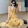 Yellow Ruffle Leaf Edge Floral Suspender Dress Women's Summer Seaside Vacation French Super Fairy Backless Beach Fishtail Dress